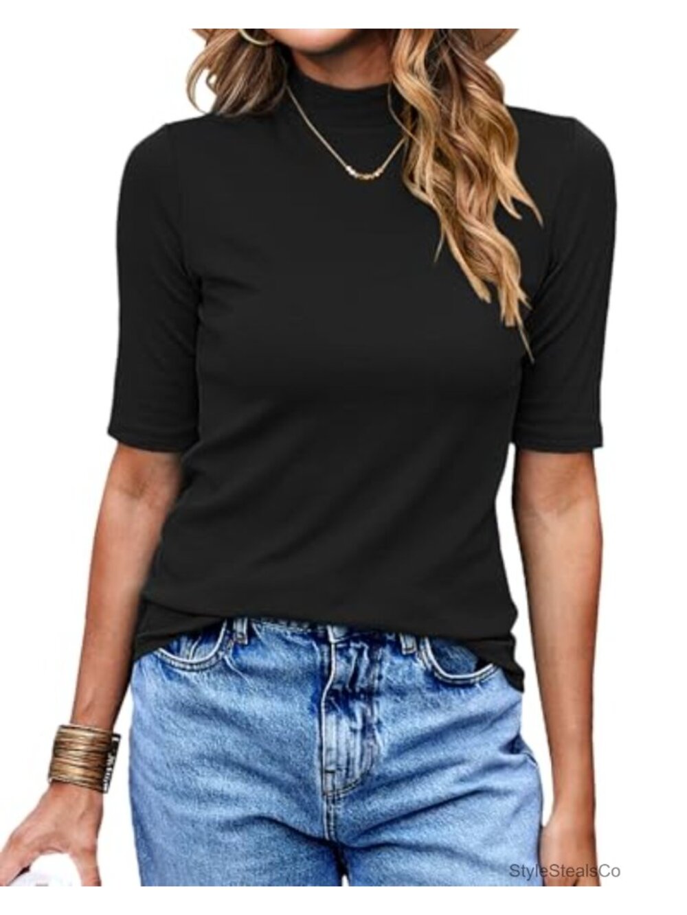 Womens Half Sleeve Mock Turtleneck Top Dressy Casual Slim Fit T-Shirt